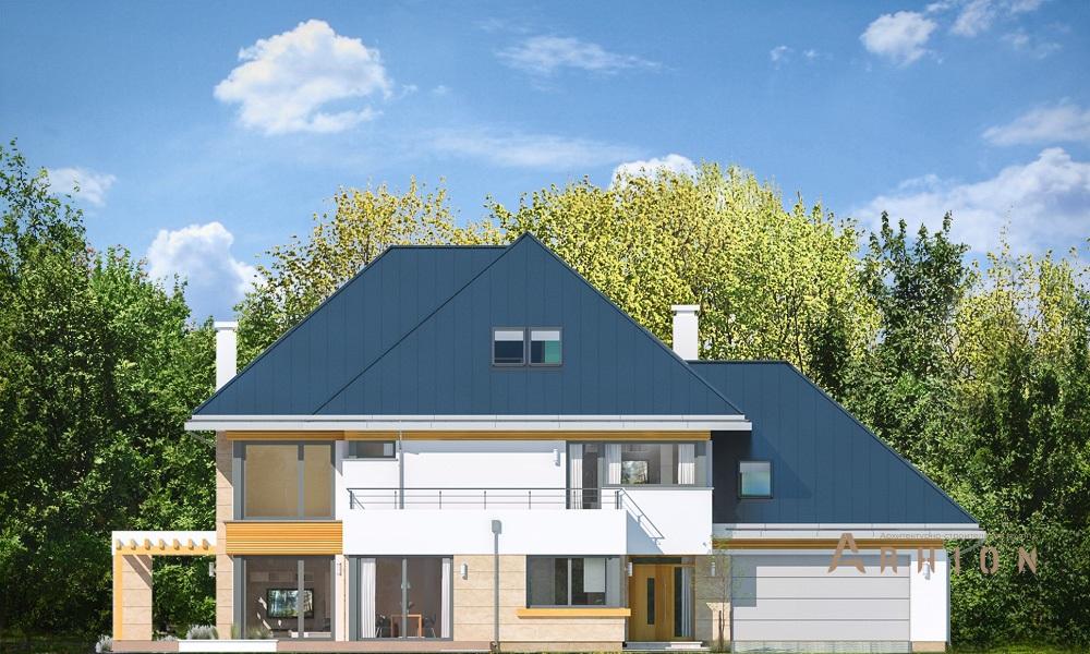 10. Проект одноэтажного дома в современном стиле с многоскатной кровлей, mp-135, площадью - 399 кв c мансардой, терассой, балконом, гаражом, вторым светом