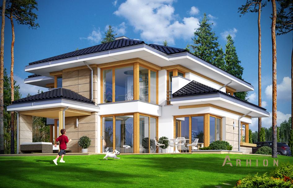 4. Проект двухэтажного дома в стиле Ллойда Райта (прерий) с многоскатной кровлей, mp-136, площадью - 250 кв c терассой, гаражом, вторым светом