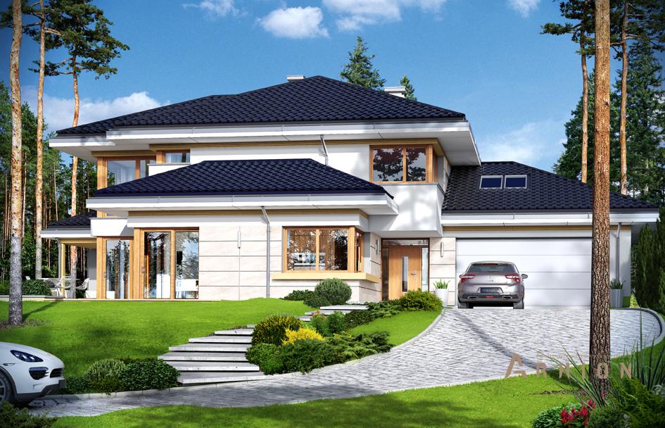 1. Проект двухэтажного дома в стиле Ллойда Райта (прерий) с многоскатной кровлей, mp-136, площадью - 250 кв c терассой, гаражом, вторым светом