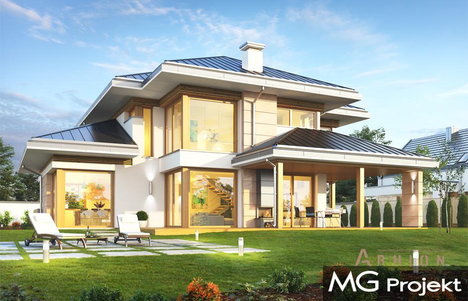 2. Проект двухэтажного дома в современном стиле с многоскатной кровлей, mp-137, площадью - 339 кв c терассой, гаражом, вторым светом