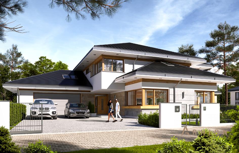 3. Проект двухэтажного дома в стиле Ллойда Райта (прерий) с четырехскатной, mp-138, площадью - 353 кв c терассой, гаражом, эркером, вторым светом