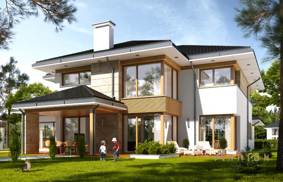 2. Проект двухэтажного дома в стиле Ллойда Райта (прерий) с четырехскатной, mp-138, площадью - 353 кв c терассой, гаражом, эркером, вторым светом