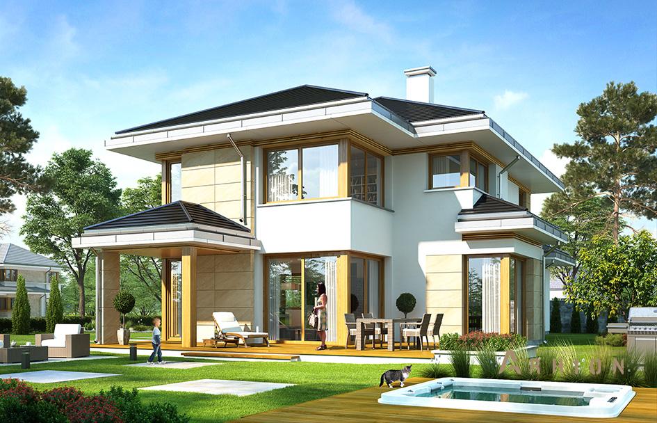 6. Проект двухэтажного дома в стиле Ллойда Райта (прерий) с многоскатной кровлей, mp-139, площадью - 234 кв c терассой, гаражом