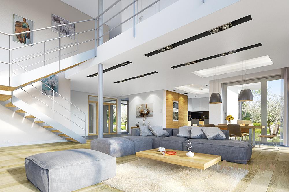 8. Проект двухэтажного дома в стиле Ллойда Райта (прерий) с четырехскатной, mp-140, площадью - 306 кв c гаражом