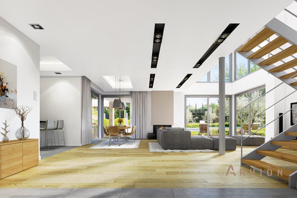 10. Проект двухэтажного дома в стиле Ллойда Райта (прерий) с четырехскатной, mp-140, площадью - 306 кв c гаражом