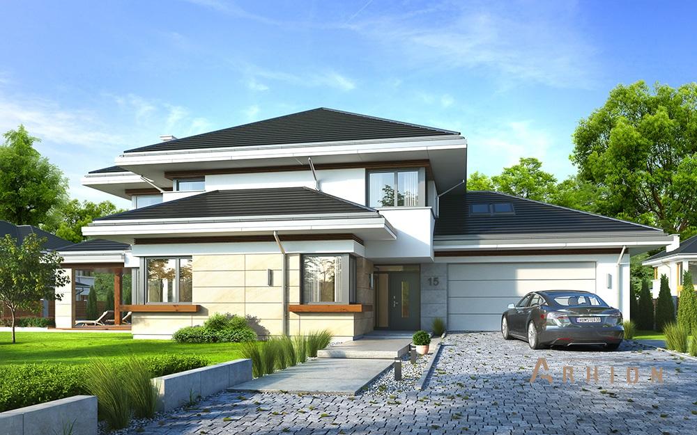 3. Проект двухэтажного дома в стиле Ллойда Райта (прерий) с четырехскатной, mp-140, площадью - 306 кв c гаражом