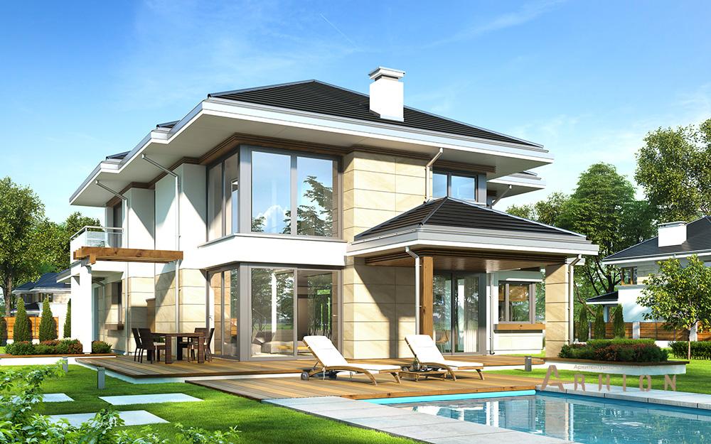 4. Проект двухэтажного дома в стиле Ллойда Райта (прерий) с четырехскатной, mp-140, площадью - 306 кв c гаражом