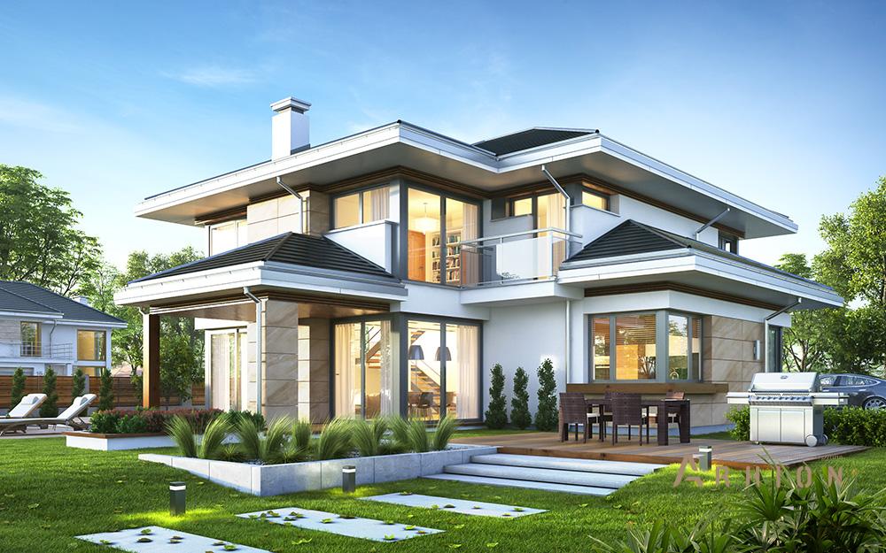 7. Проект двухэтажного дома в стиле Ллойда Райта (прерий) с четырехскатной, mp-140, площадью - 306 кв c гаражом