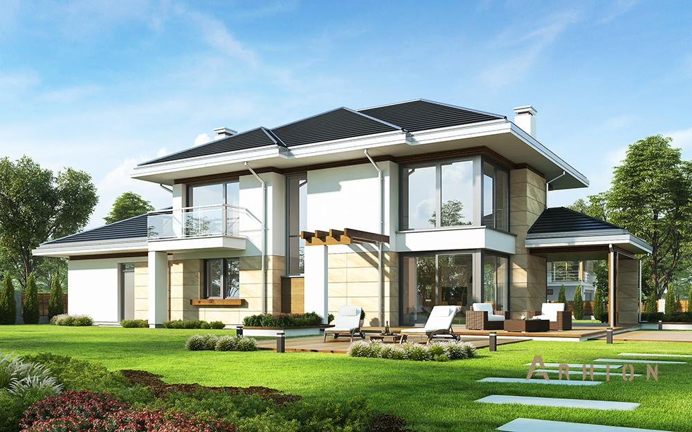 2. Проект двухэтажного дома в стиле Ллойда Райта (прерий) с четырехскатной, mp-140, площадью - 306 кв c гаражом