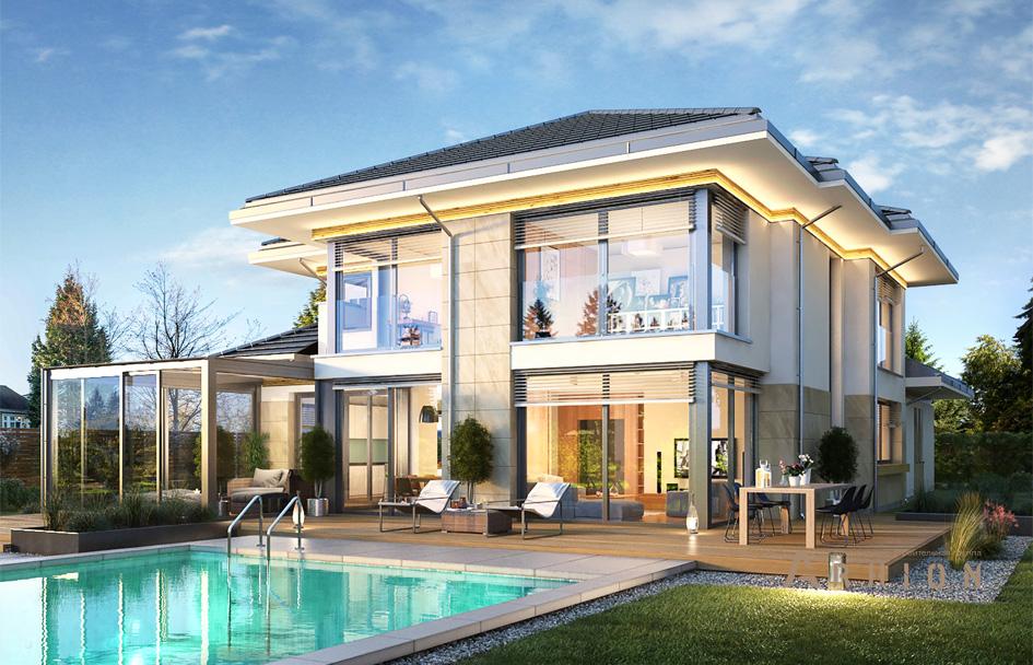 2. Проект двухэтажного дома в стиле Ллойда Райта (прерий) с четырехскатной, mp-141, площадью - 319 кв c терассой, гаражом