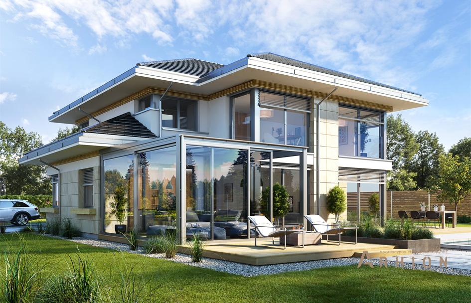 4. Проект двухэтажного дома в стиле Ллойда Райта (прерий) с четырехскатной, mp-141, площадью - 319 кв c терассой, гаражом