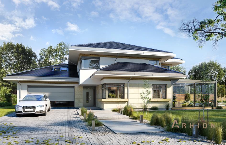 1. Проект двухэтажного дома в стиле Ллойда Райта (прерий) с четырехскатной, mp-141, площадью - 319 кв c терассой, гаражом