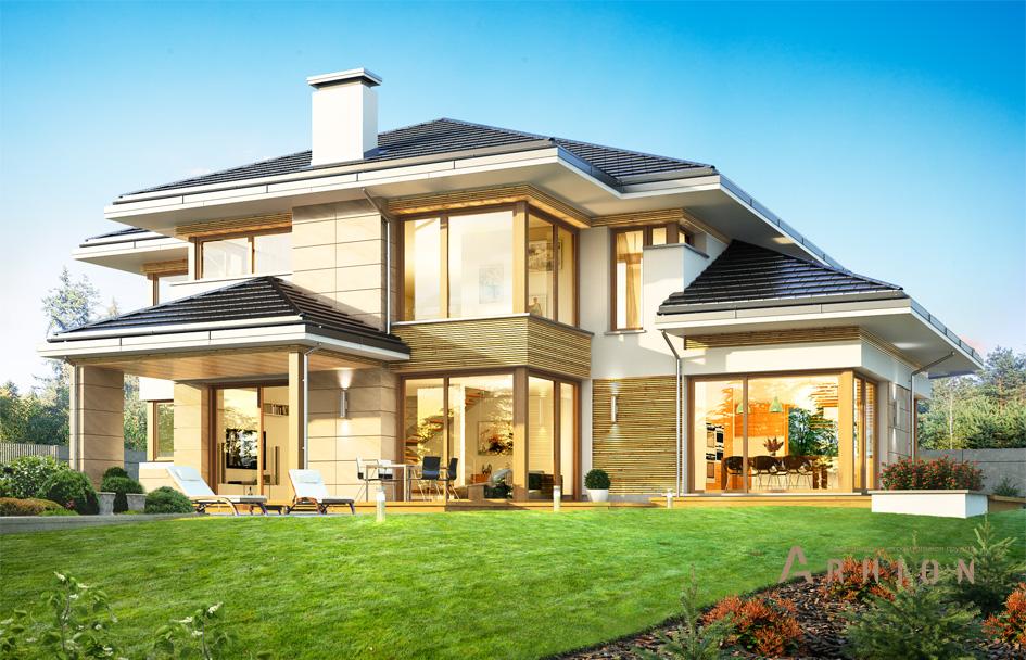 2. Проект двухэтажного дома в стиле Ллойда Райта (прерий) с четырехскатной, mp-142, площадью - 442 кв c терассой, гаражом