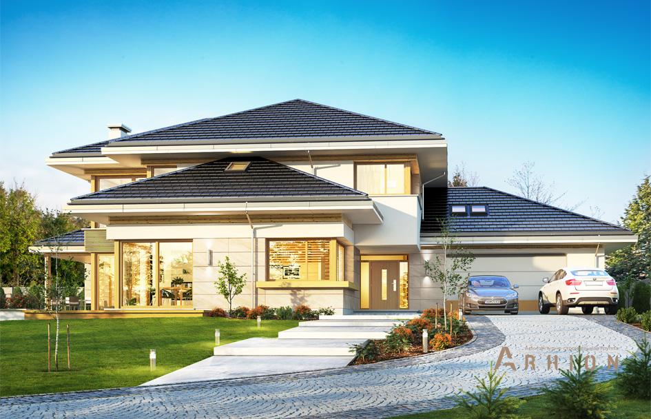 1. Проект двухэтажного дома в стиле Ллойда Райта (прерий) с четырехскатной, mp-142, площадью - 442 кв c терассой, гаражом