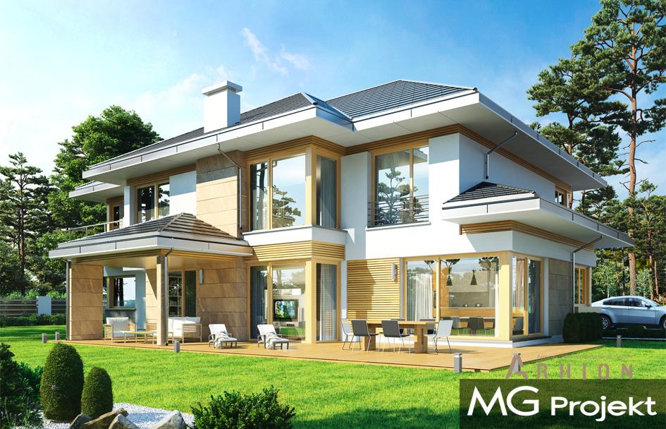 2. Проект двухэтажного дома в современном стиле с четырехскатной, mp-143, площадью - 539 кв c мансардой, терассой, балконом, гаражом, вторым светом