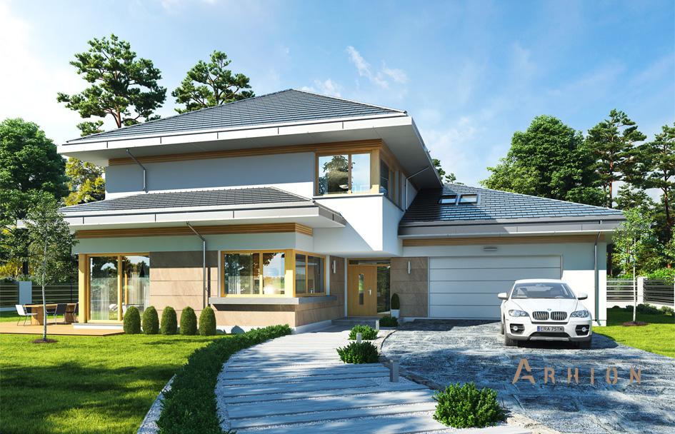 1. Проект двухэтажного дома в современном стиле с четырехскатной, mp-143, площадью - 539 кв c мансардой, терассой, балконом, гаражом, вторым светом