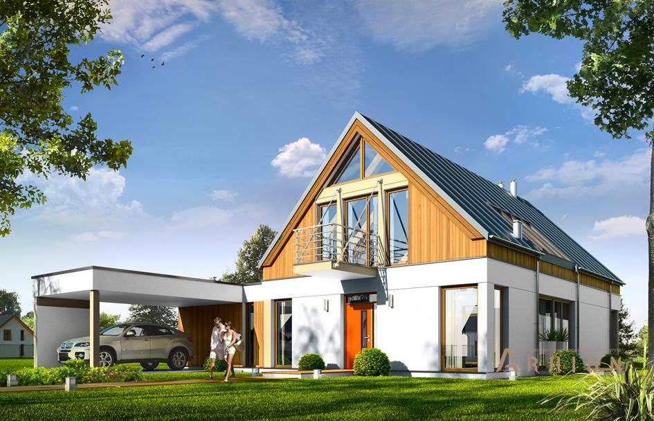 1. Проект одноэтажного дома в европейском стиле с двускатной кровлей, mp-148, площадью - 178 кв c мансардой, терассой, балконом, гаражом, вторым светом