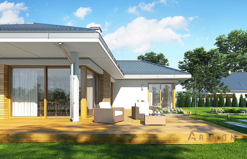 10. Проект одноэтажного дома в современном стиле с четырехскатной, mp-150, площадью - 230 кв c терассой, гаражом