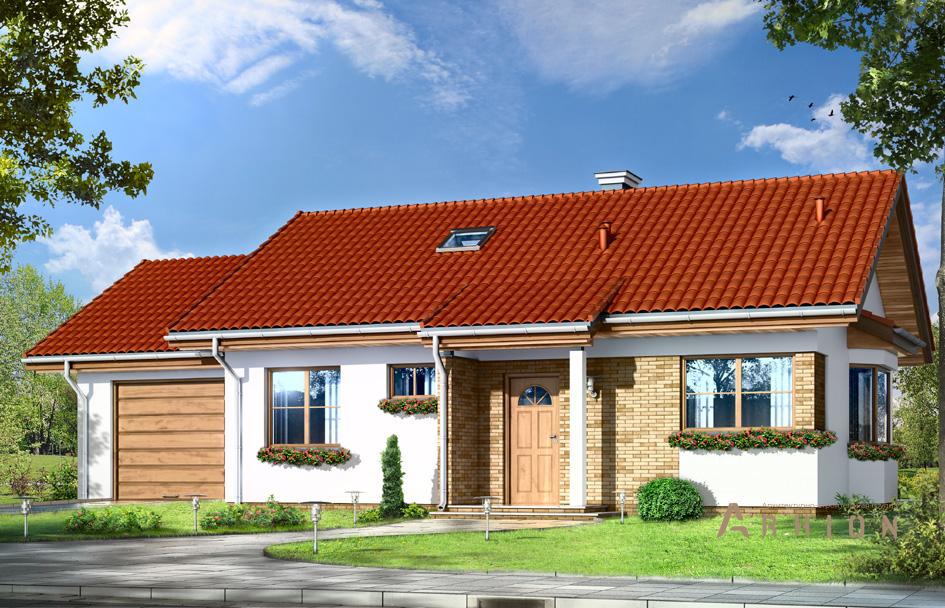 1. Проект одноэтажного дома в финском стиле с двускатной кровлей, mp-155, площадью - 108 кв c мансардой, терассой, гаражом, эркером