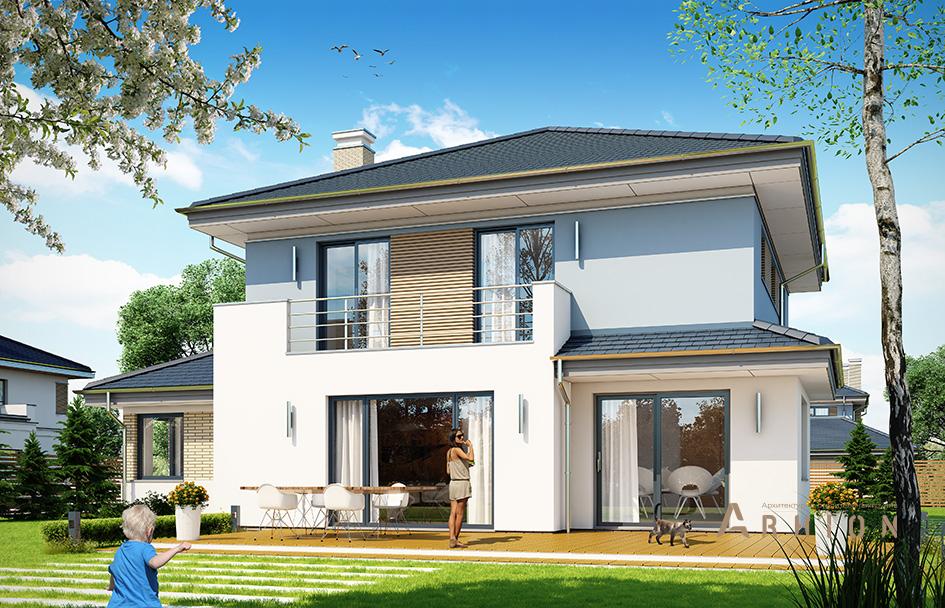 2. Проект двухэтажного дома в современном стиле с четырехскатной, mp-166, площадью - 259 кв c терассой, балконом, гаражом