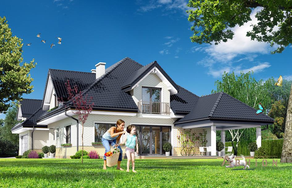 2. Проект одноэтажного дома в европейском стиле с многоскатной кровлей, mp-170, площадью - 442 кв c мансардой, терассой, балконом, гаражом