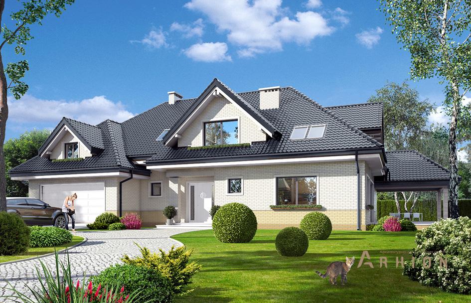 1. Проект одноэтажного дома в европейском стиле с многоскатной кровлей, mp-170, площадью - 442 кв c мансардой, терассой, балконом, гаражом