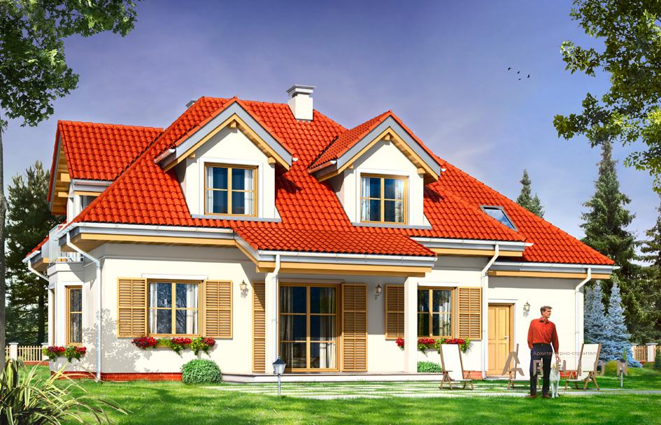 2. Проект одноэтажного дома в прованском стиле с многоскатной кровлей, mp-176, площадью - 230 кв c мансардой, терассой, балконом, гаражом, эркером