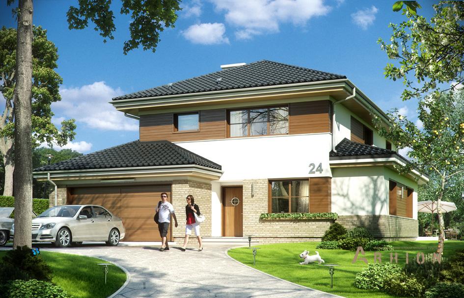 1. Проект двухэтажного дома в современном стиле с четырехскатной, mp-181, площадью - 320 кв c терассой, балконом, гаражом