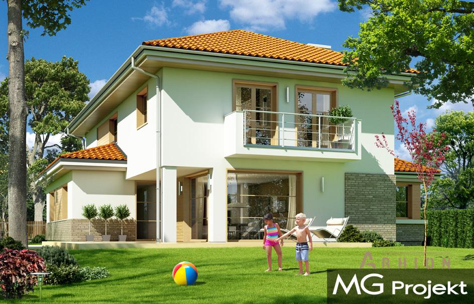 2. Проект двухэтажного дома в современном стиле с четырехскатной, mp-182, площадью - 329 кв c терассой, балконом, гаражом, эркером