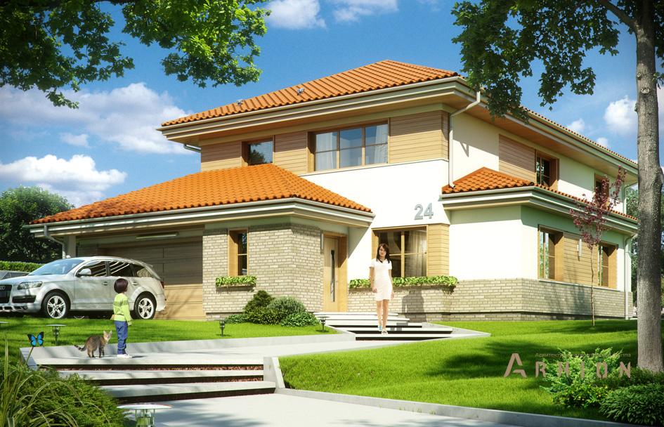 3. Проект двухэтажного дома в современном стиле с четырехскатной, mp-182, площадью - 329 кв c терассой, балконом, гаражом, эркером