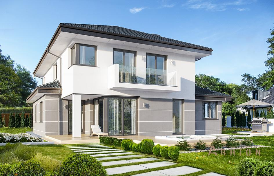 6. Проект двухэтажного дома в современном стиле с четырехскатной, mp-183, площадью - 273 кв c терассой, балконом, гаражом