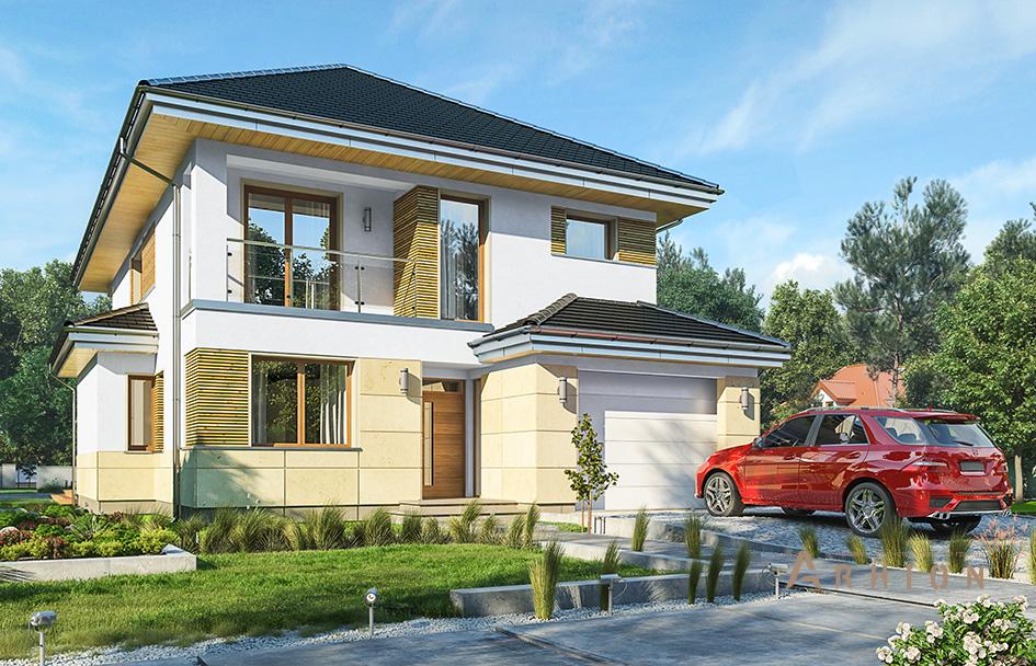 1. Проект двухэтажного дома в современном стиле с четырехскатной, mp-184, площадью - 233 кв c терассой, балконом, гаражом