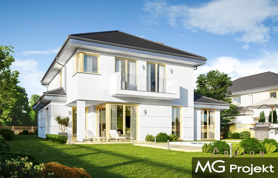 4. Проект двухэтажного дома в современном стиле с четырехскатной, mp-185, площадью - 276 кв c мансардой, терассой, балконом, гаражом