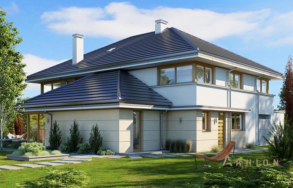 3. Проект двухэтажного дома в стиле Ллойда Райта (прерий) с четырехскатной, mp-193, площадью - 445 кв c сауной, терассой, гаражом, вторым светом