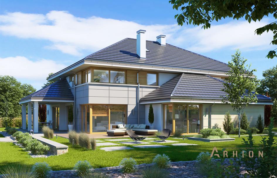 4. Проект двухэтажного дома в стиле Ллойда Райта (прерий) с четырехскатной, mp-193, площадью - 445 кв c сауной, терассой, гаражом, вторым светом