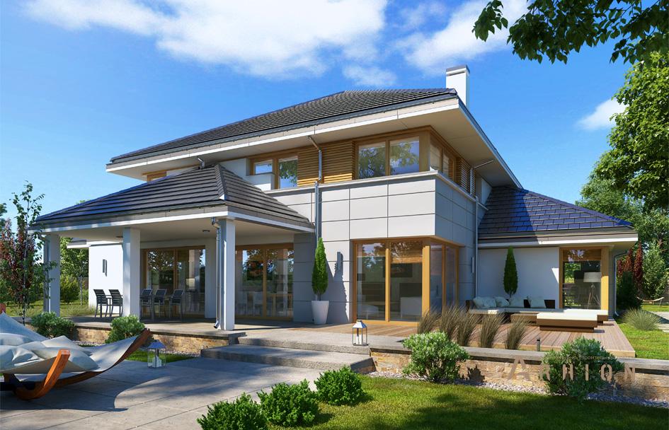 5. Проект двухэтажного дома в стиле Ллойда Райта (прерий) с четырехскатной, mp-193, площадью - 445 кв c сауной, терассой, гаражом, вторым светом