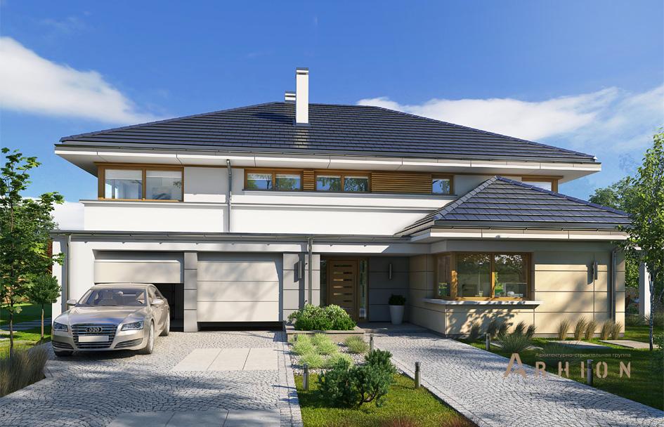 1. Проект двухэтажного дома в стиле Ллойда Райта (прерий) с четырехскатной, mp-193, площадью - 445 кв c сауной, терассой, гаражом, вторым светом