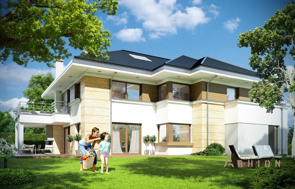 2. Проект двухэтажного дома в современном стиле с многоскатной кровлей, mp-206, площадью - 378 кв c мансардой, терассой, гаражом