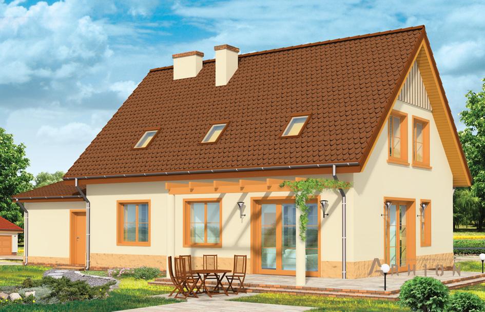 5. Проект одноэтажного дома в европейском стиле с двускатной кровлей, mp-208, площадью - 198 кв c мансардой, терассой, гаражом