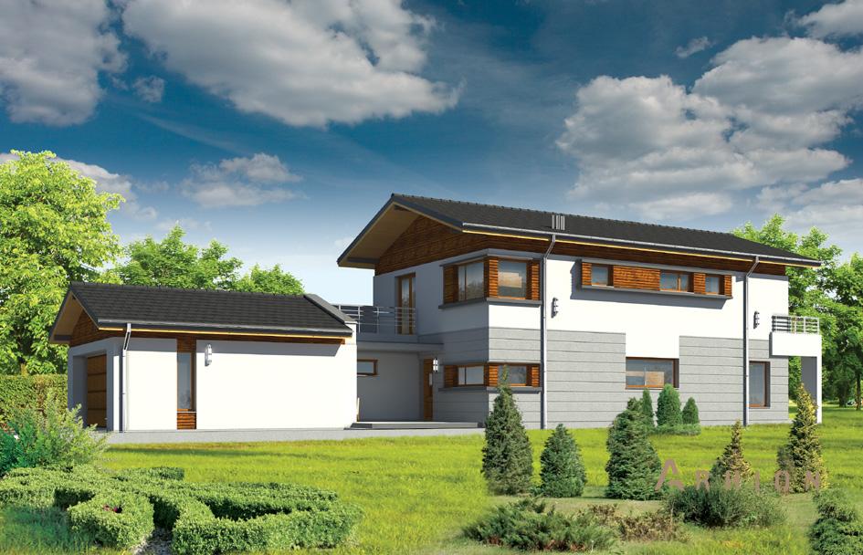 1. Проект двухэтажного дома в современном стиле с двускатной кровлей, mp-210, площадью - 306 кв c терассой, балконом, гаражом