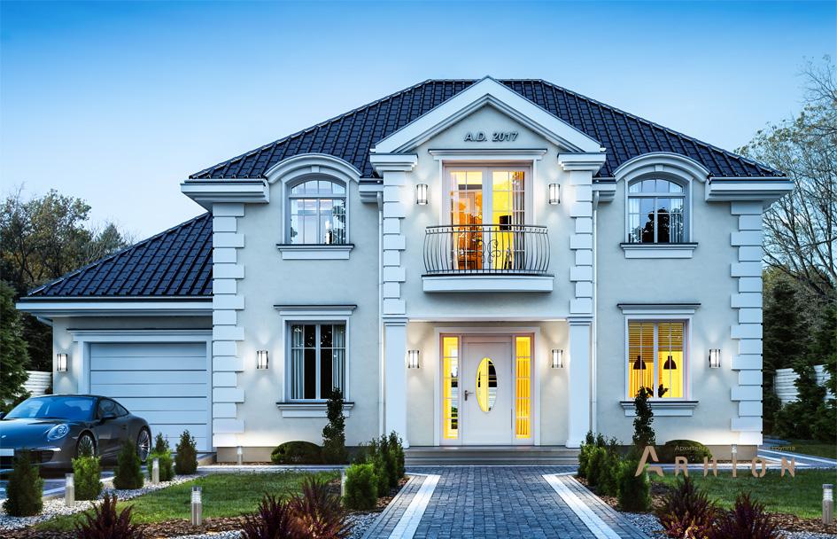 2. Проект одноэтажного дома в современном классическом стиле с многоскатной кровлей, mp-216, площадью - 177 кв c мансардой, терассой, балконом, гаражом