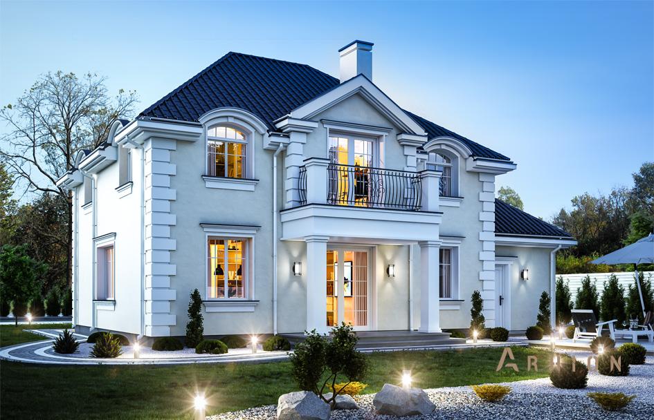 3. Проект одноэтажного дома в современном классическом стиле с многоскатной кровлей, mp-216, площадью - 177 кв c мансардой, терассой, балконом, гаражом