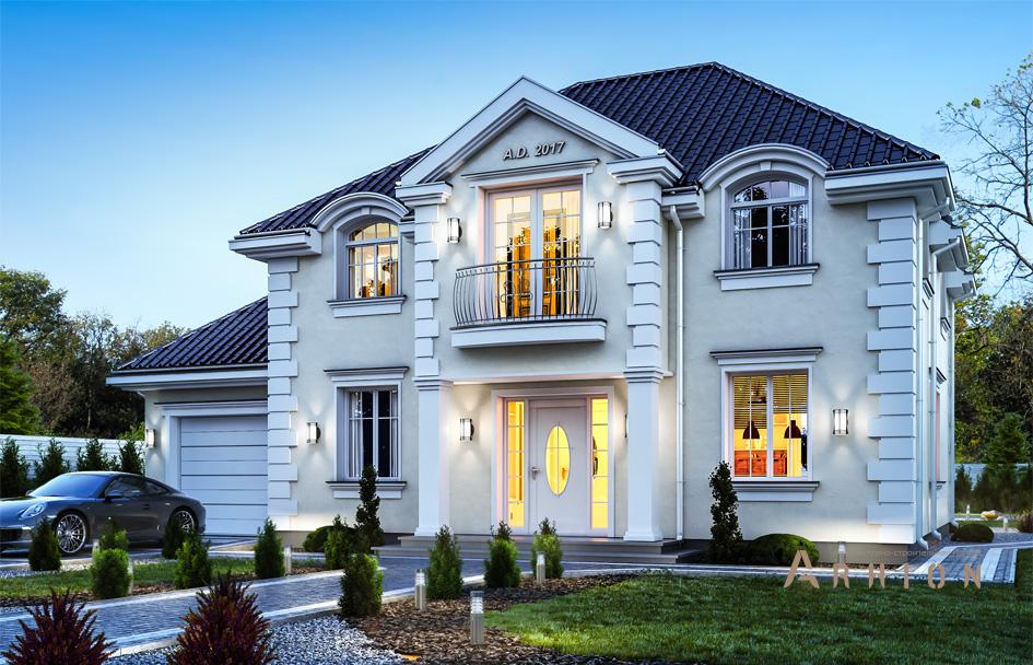 1. Проект одноэтажного дома в современном классическом стиле с многоскатной кровлей, mp-216, площадью - 177 кв c мансардой, терассой, балконом, гаражом