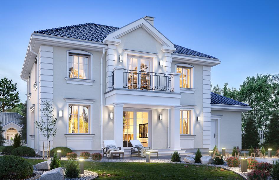 2. Проект двухэтажного дома в классическом стиле с четырехскатной, mp-217, площадью - 178 кв c терассой, балконом, гаражом