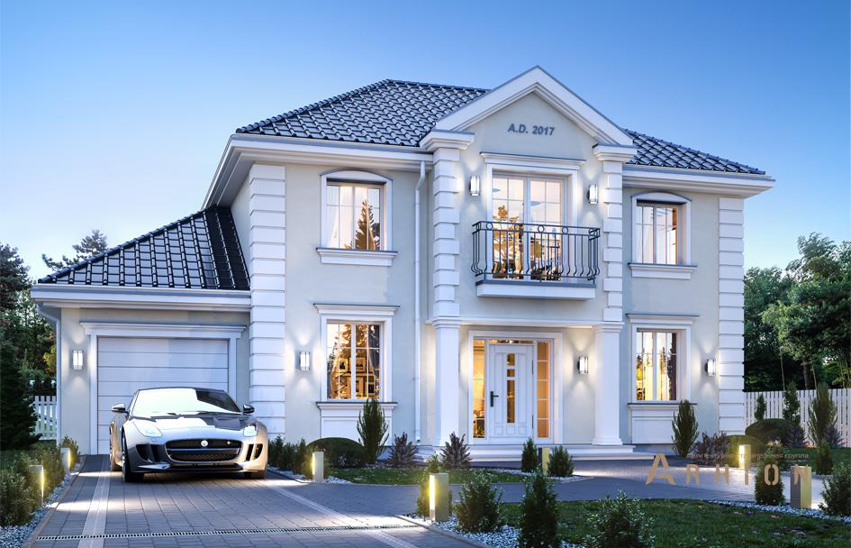 1. Проект двухэтажного дома в классическом стиле с четырехскатной, mp-217, площадью - 178 кв c терассой, балконом, гаражом