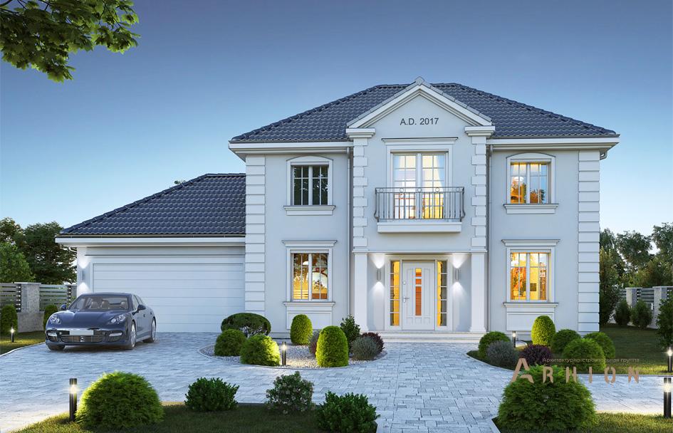 2. Проект двухэтажного дома в классическом стиле с четырехскатной, mp-218, площадью - 249 кв c терассой, балконом, гаражом