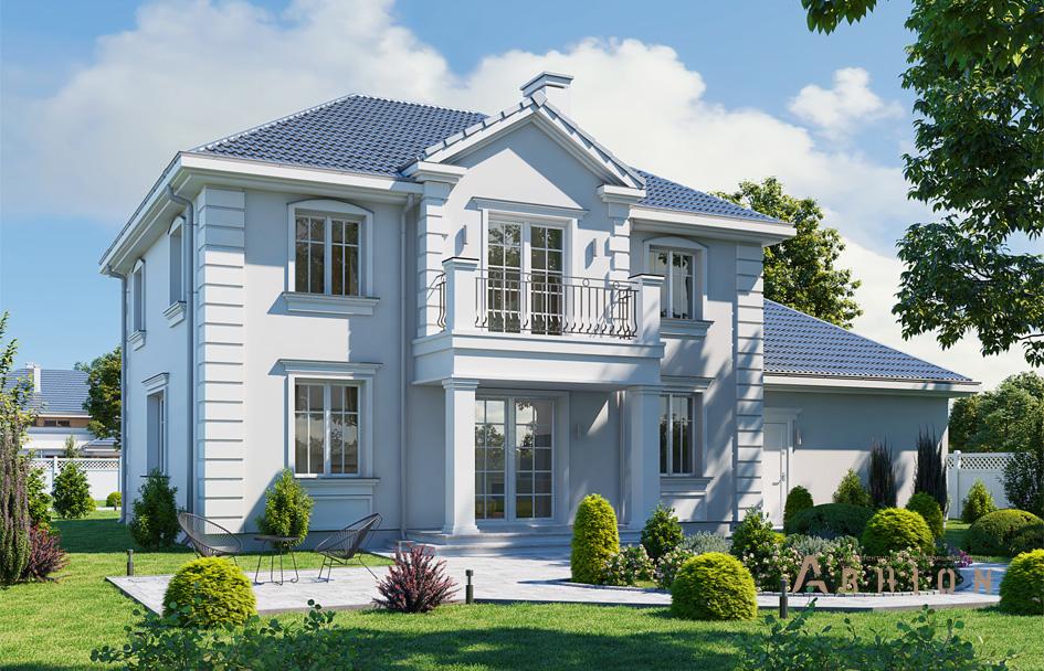 4. Проект двухэтажного дома в классическом стиле с четырехскатной, mp-218, площадью - 249 кв c терассой, балконом, гаражом