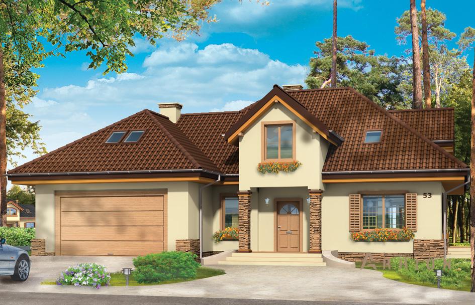 1. Проект одноэтажного дома в прованском стиле с многоскатной кровлей, mp-224, площадью - 293 кв c мансардой, терассой, балконом, гаражом, эркером