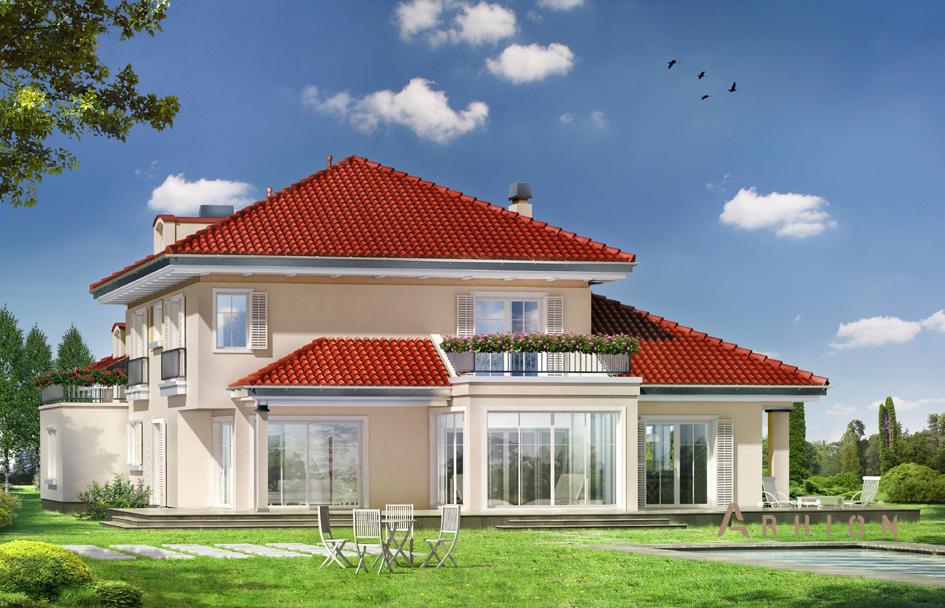 2. Проект двухэтажного дома в современном стиле с четырехскатной, mp-227, площадью - 438 кв c мансардой, терассой, гаражом, вторым светом