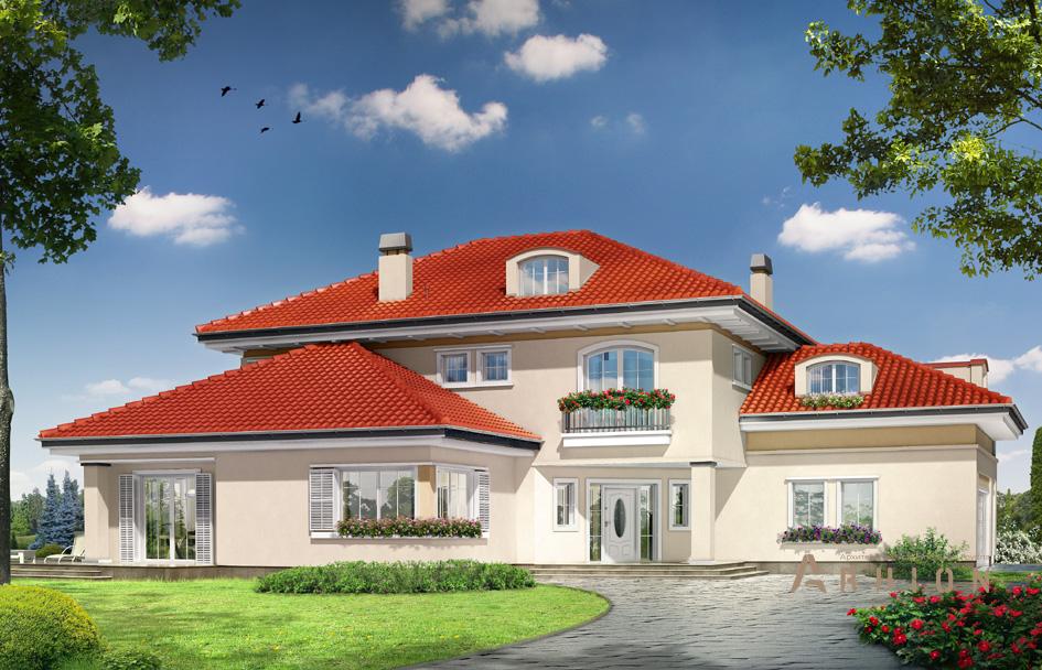 1. Проект двухэтажного дома в современном стиле с четырехскатной, mp-227, площадью - 438 кв c мансардой, терассой, гаражом, вторым светом